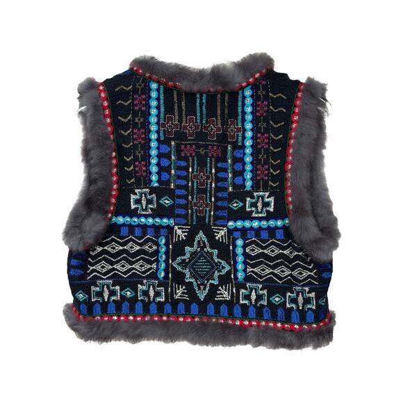 Christophe Sauvat Embroidered Vest Large Rabbit Fur Trim Boho Luxe Brown Blue - Picture 2 of 10